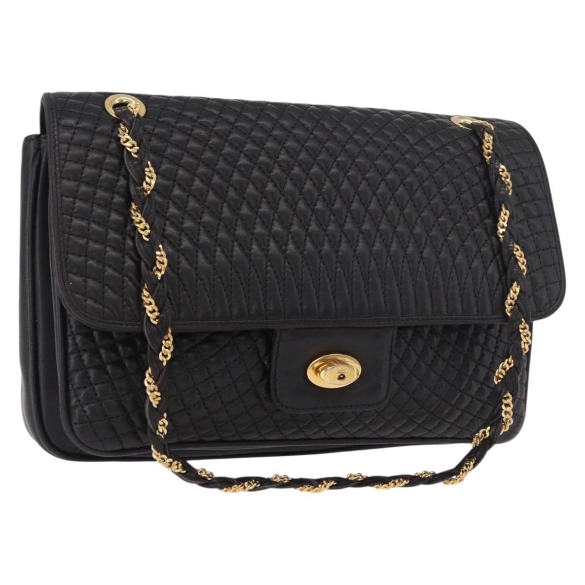 BALLY Chain Shoulder Bag Leather Black Gold Auth BA13679A