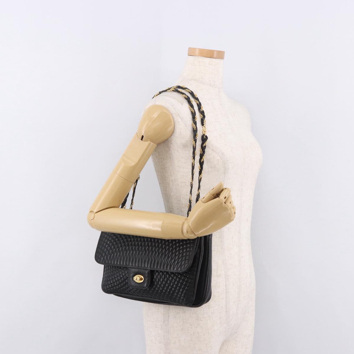 BALLY Chain Shoulder Bag Leather Black Gold Auth BA13679A