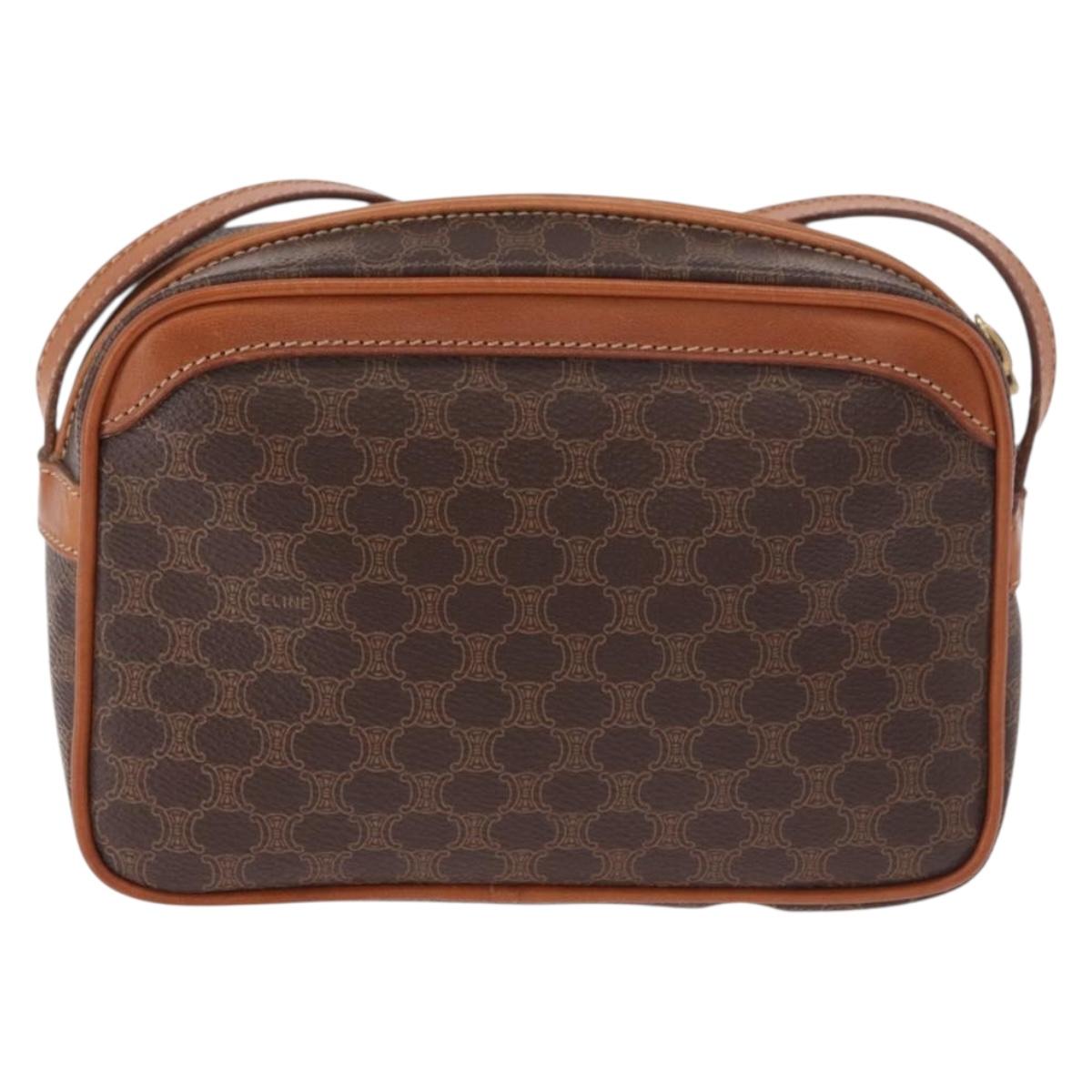 CELINE Macadam Canvas Shoulder Bag PVC Leather Brown Gold Auth BA13680A
