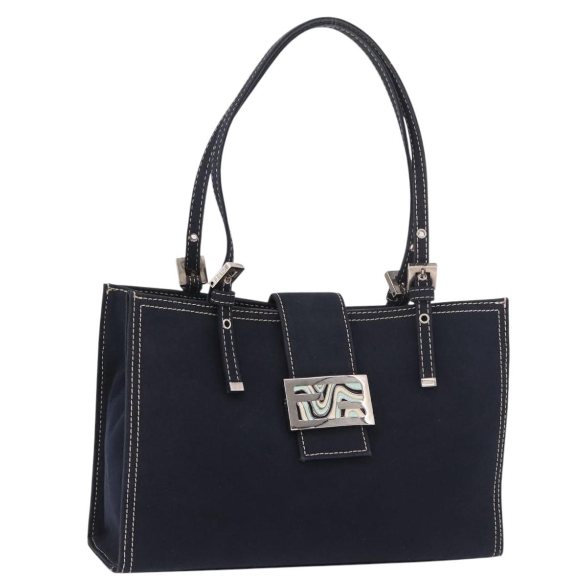 FENDI Mamma Baguette Tote Bag Canvas Navy Silver Auth BA13682V