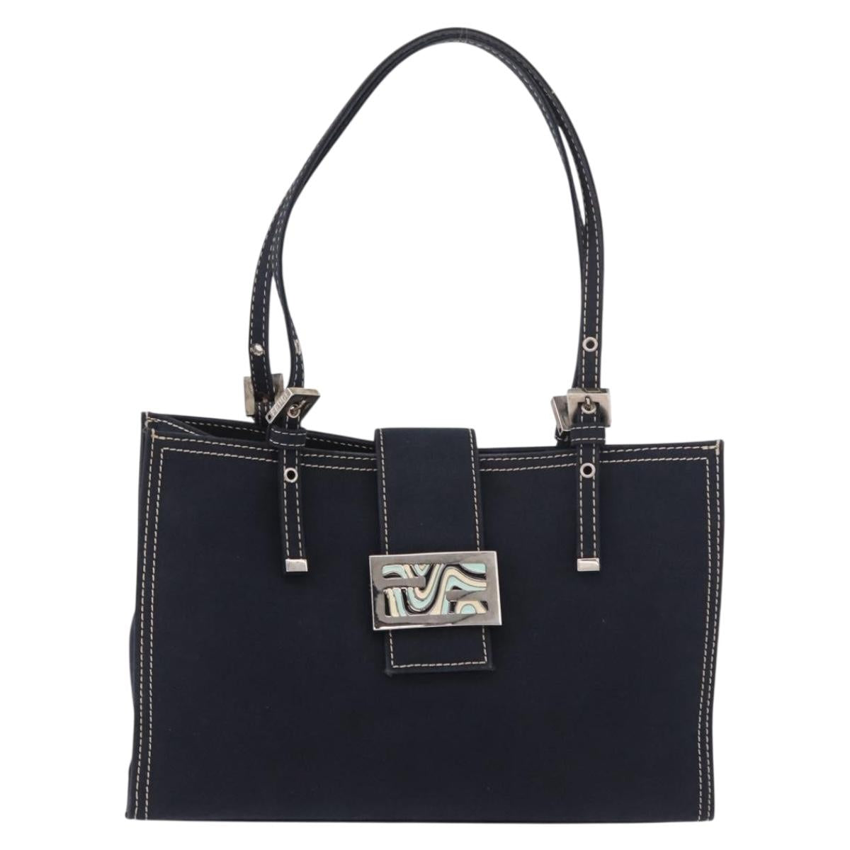 FENDI Mamma Baguette Tote Bag Canvas Navy Silver Auth BA13682V