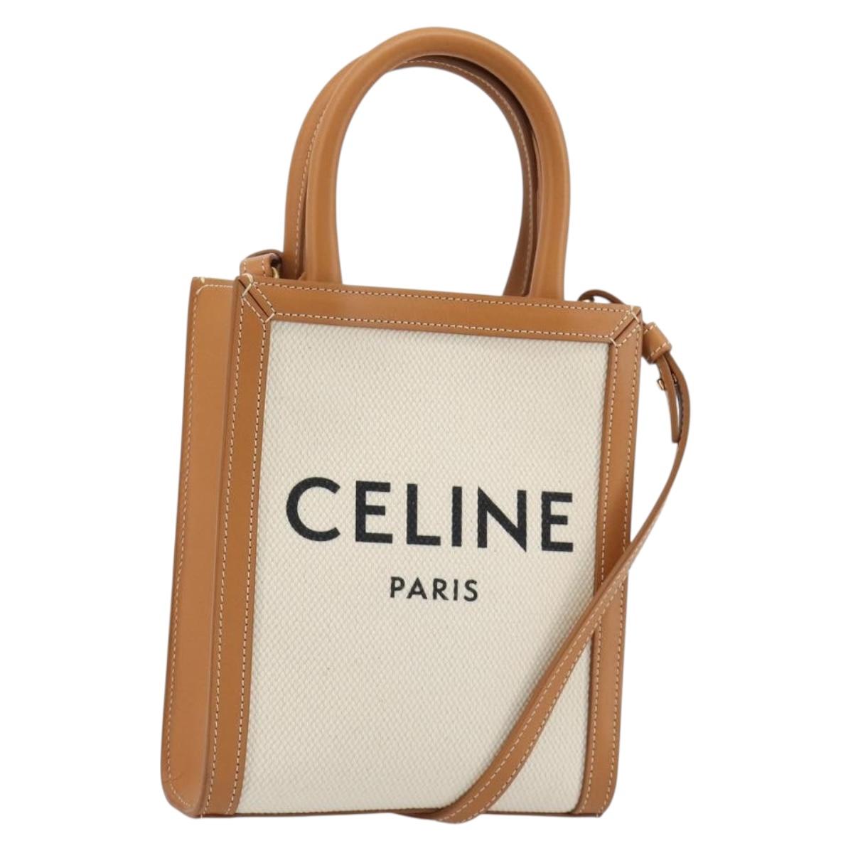 CELINE Vertical Cabas Tote Bag Canvas 2way White Gold Auth BA13687M
