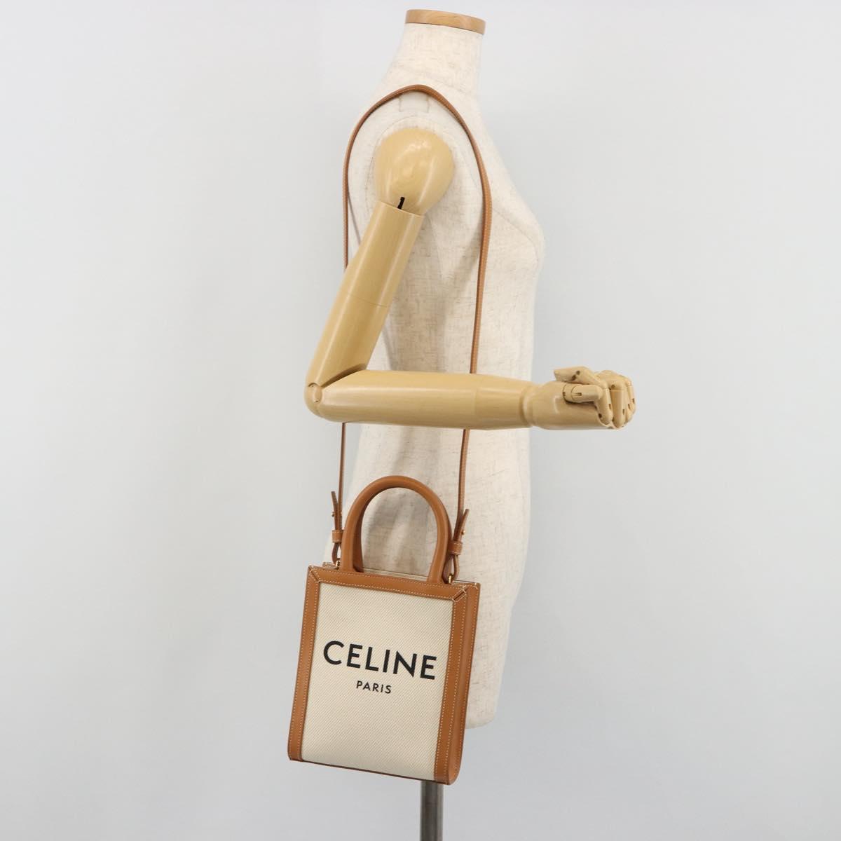 CELINE Vertical Cabas Tote Bag Canvas 2way White Gold Auth BA13687M