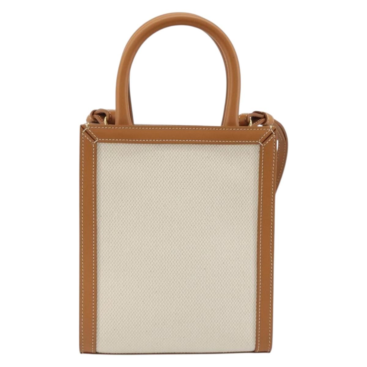 CELINE Vertical Cabas Tote Bag Canvas 2way White Gold Auth BA13687M