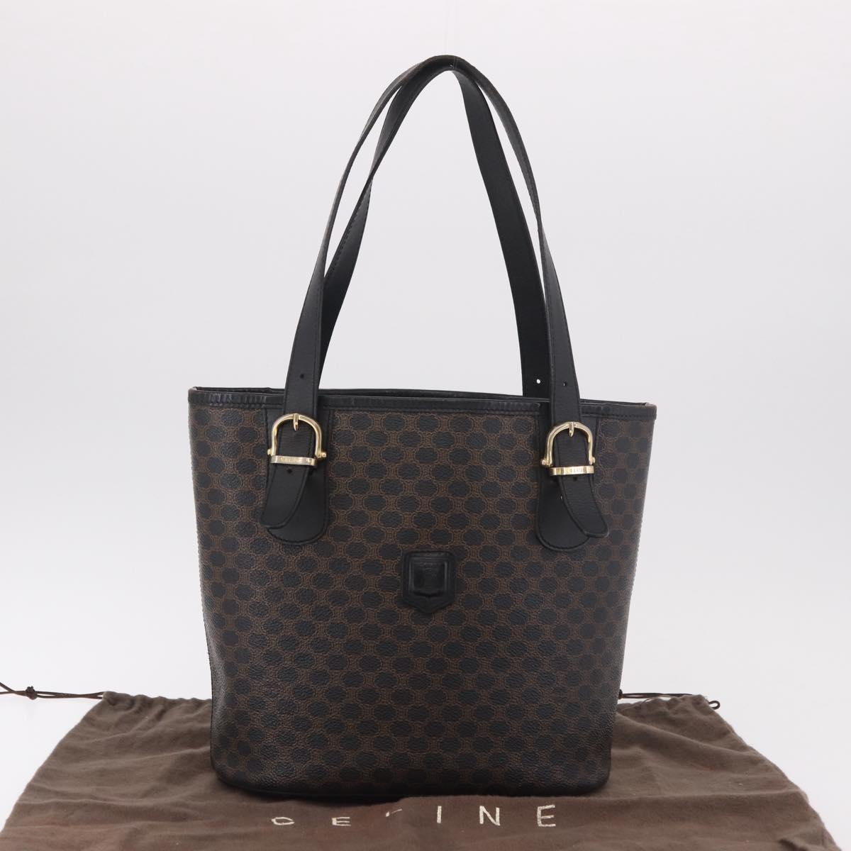CELINE Macadam Canvas Tote Bag PVC Leather Black Gold Auth BA13696A