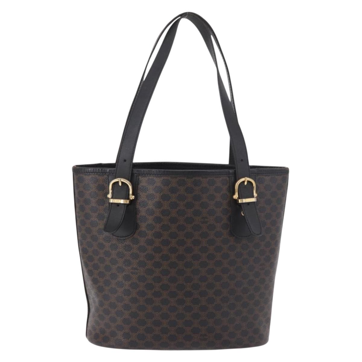 CELINE Macadam Canvas Tote Bag PVC Leather Black Gold Auth BA13696A