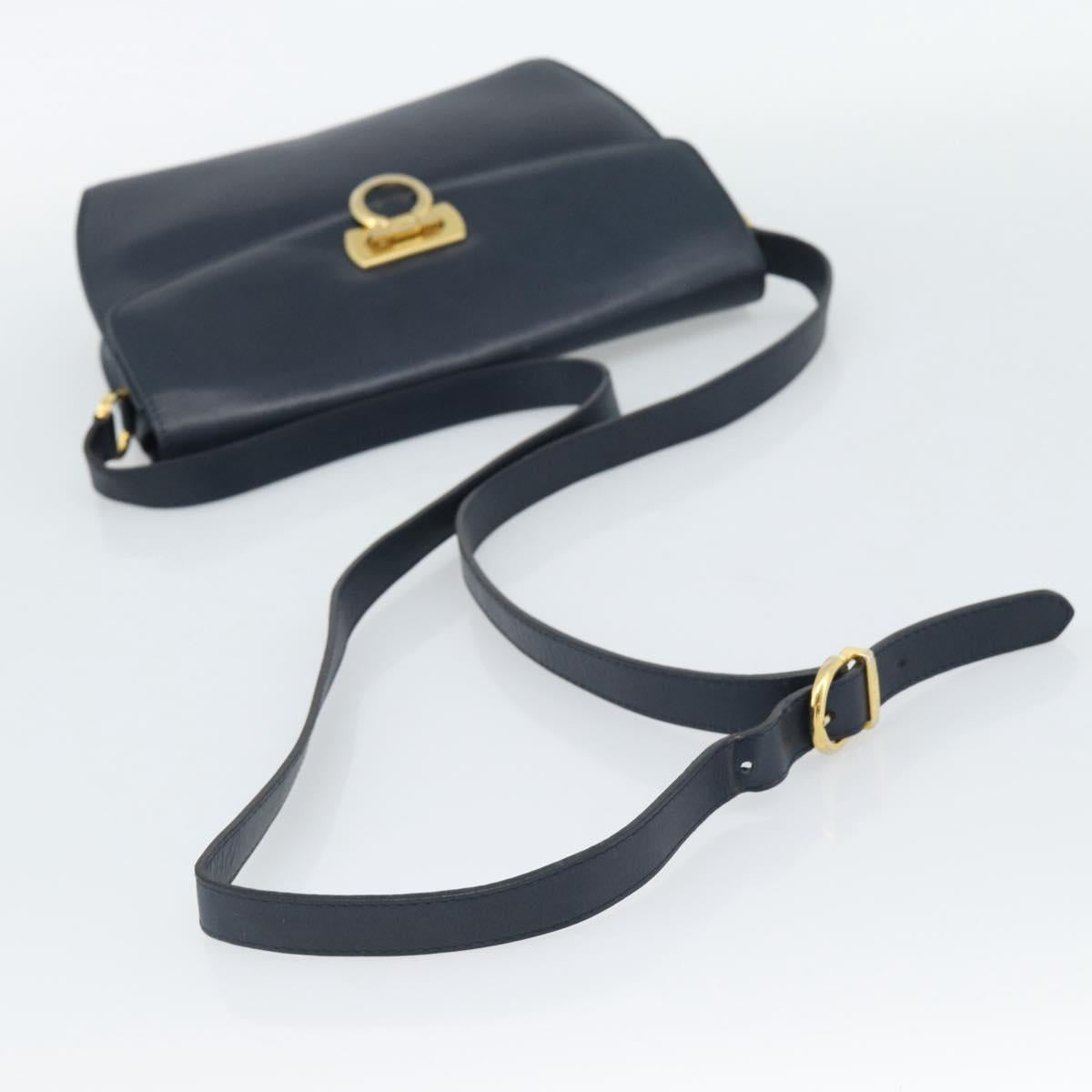 Salvatore Ferragamo Gancini Shoulder Bag Leather Navy Gold Auth BA13700