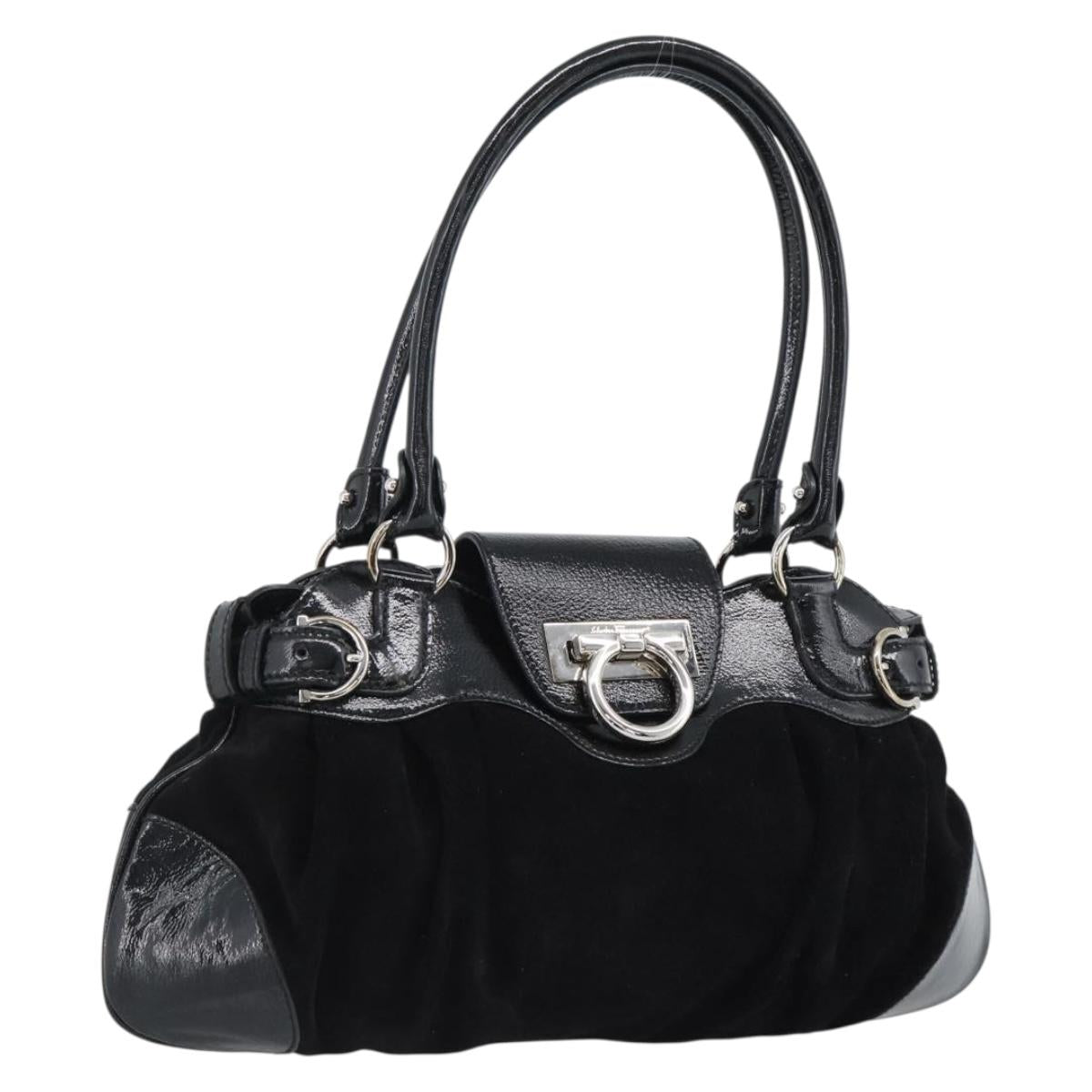 Salvatore Ferragamo Gancini Hand Bag Suede Black Silver Auth BA13719A