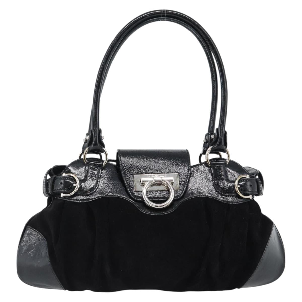Salvatore Ferragamo Gancini Hand Bag Suede Black Silver Auth BA13719A
