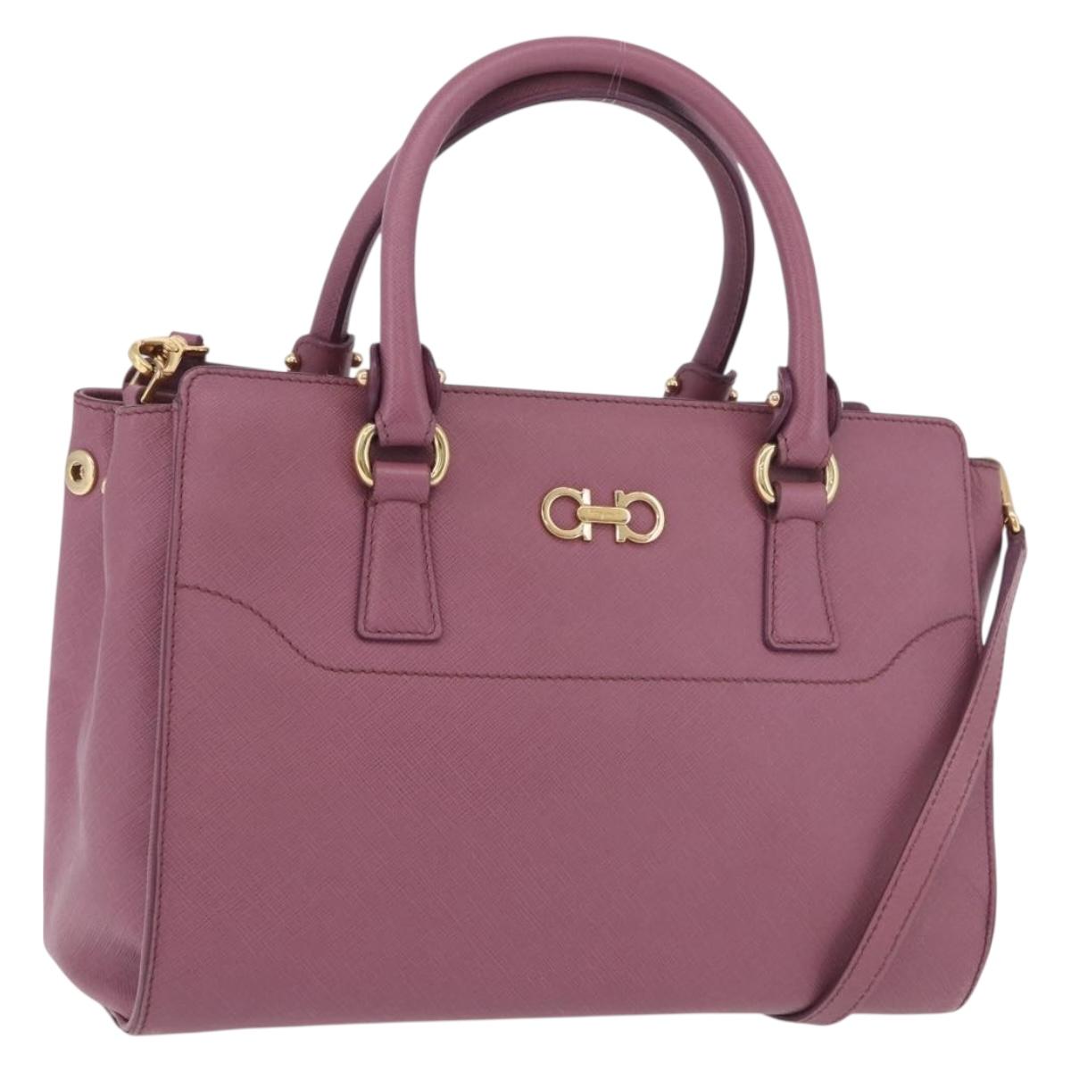 Salvatore Ferragamo Gancini Hand Bag Leather 2way Purple Gold Auth BA13724A