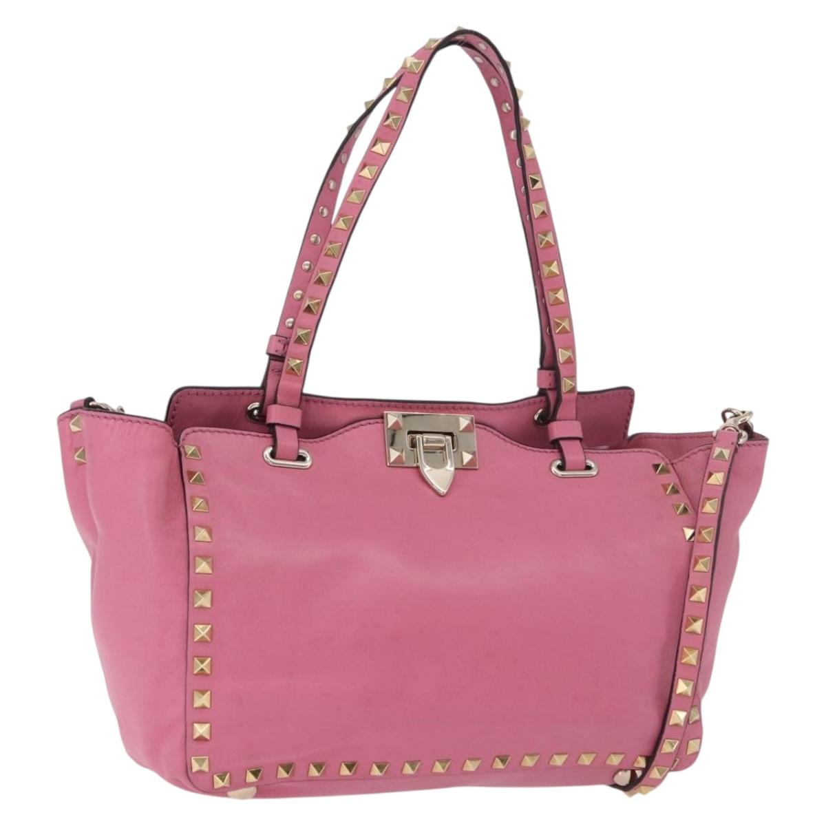 VALENTINO Studs Tote Bag Leather 2way Pink Gold Auth BA13725A