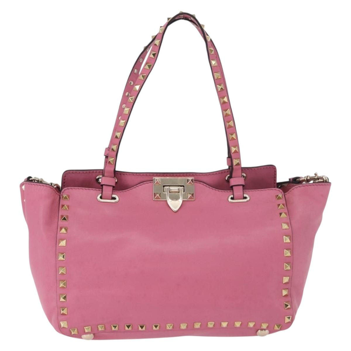VALENTINO Studs Tote Bag Leather 2way Pink Gold Auth BA13725A
