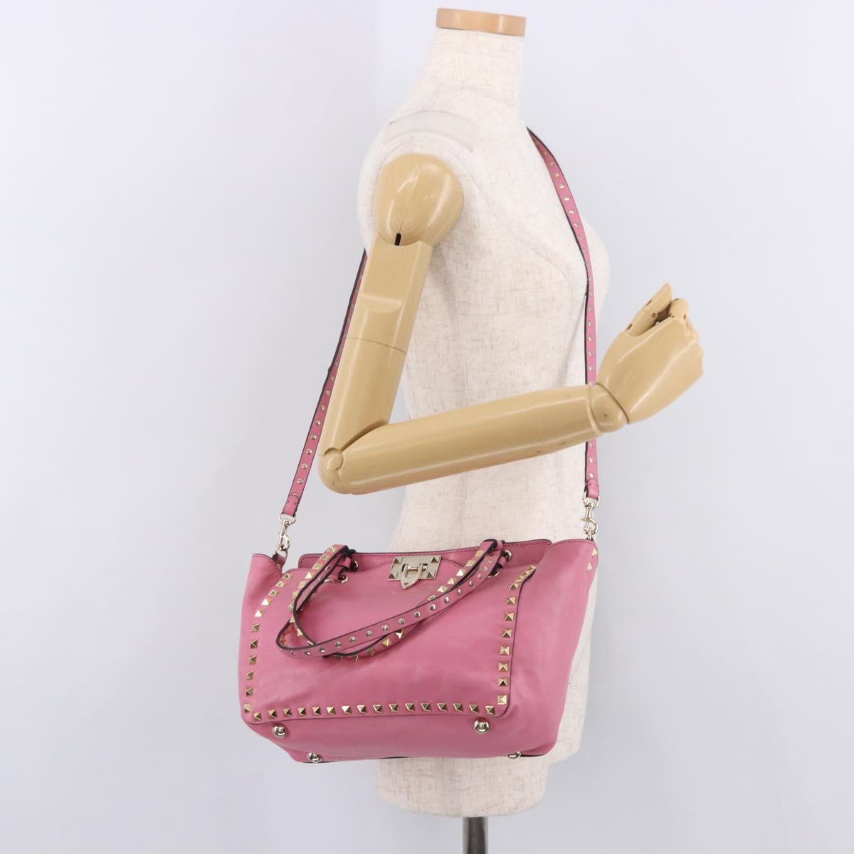 VALENTINO Studs Tote Bag Leather 2way Pink Gold Auth BA13725A