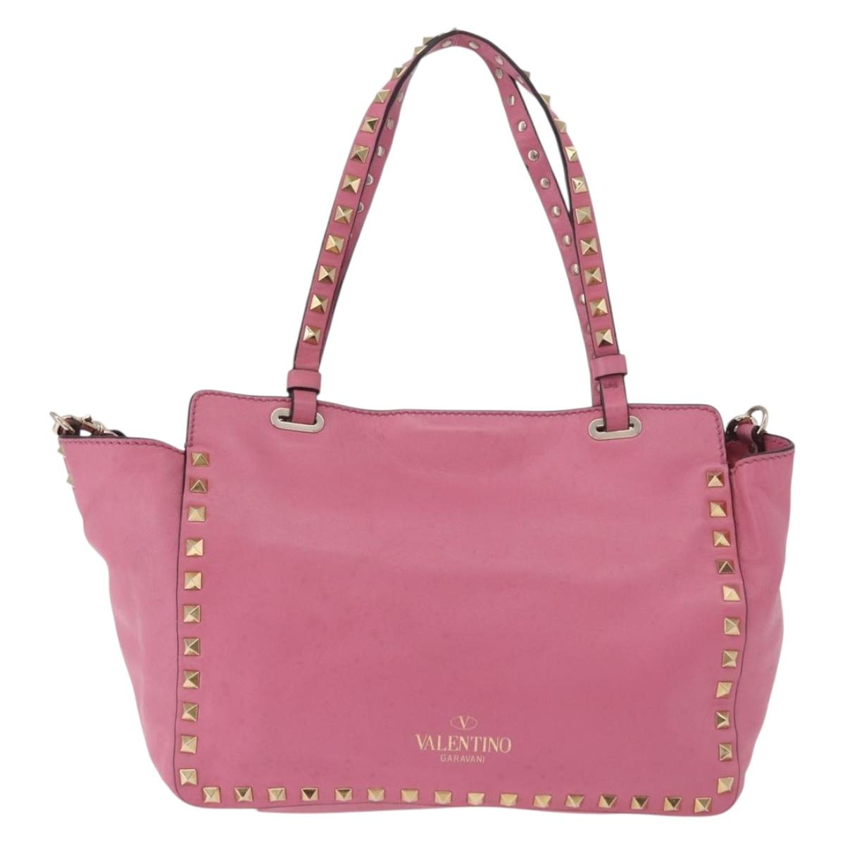 VALENTINO Studs Tote Bag Leather 2way Pink Gold Auth BA13725A