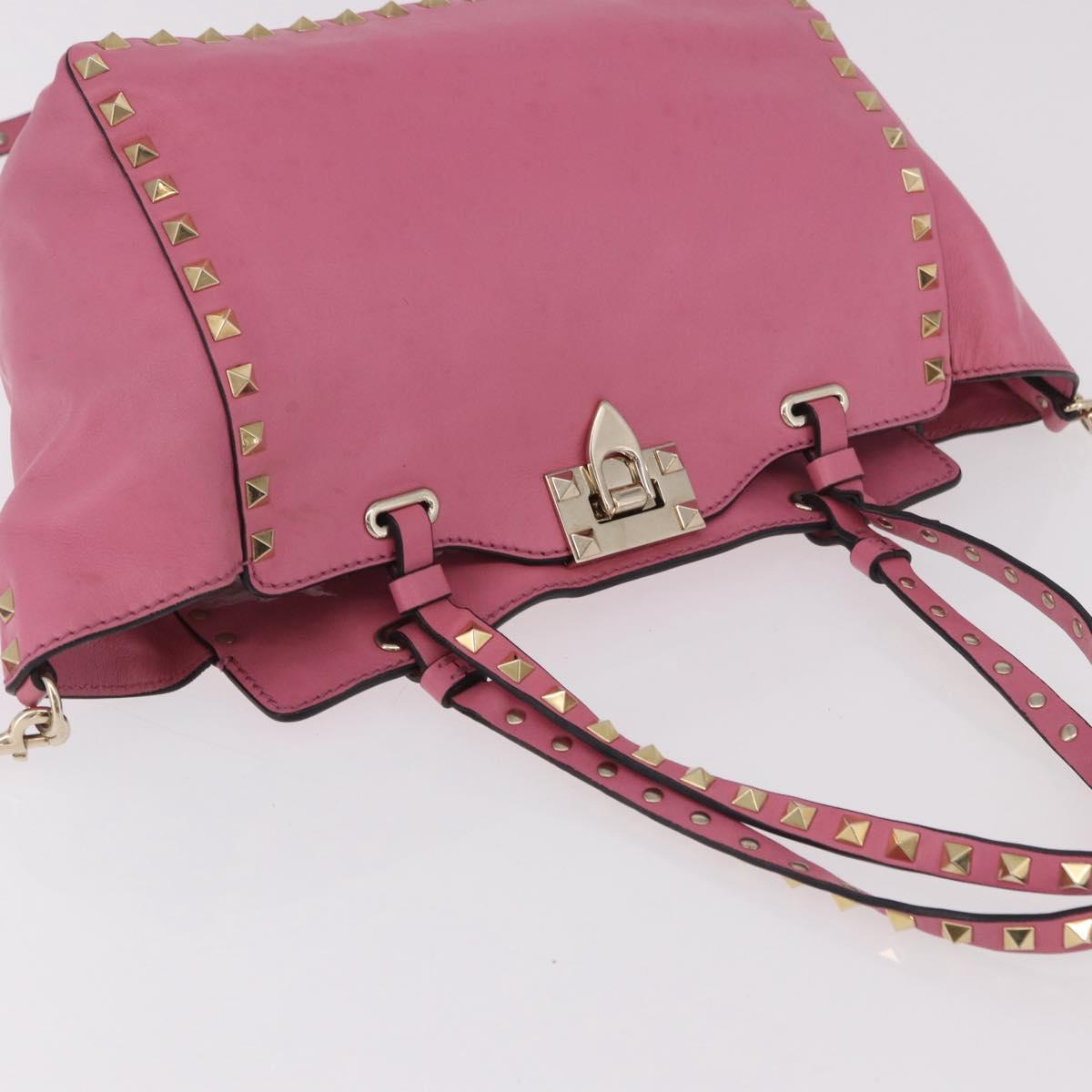 VALENTINO Studs Tote Bag Leather 2way Pink Gold Auth BA13725A
