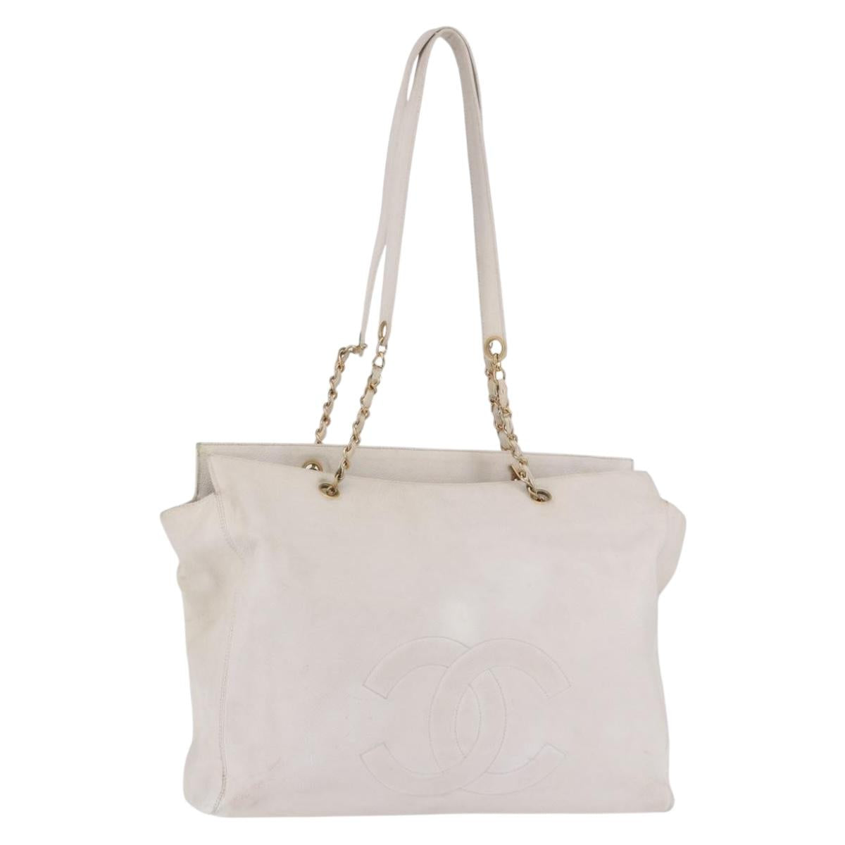 CHANEL Chain Tote Bag Caviar Skin White Gold CC Auth BA13731A