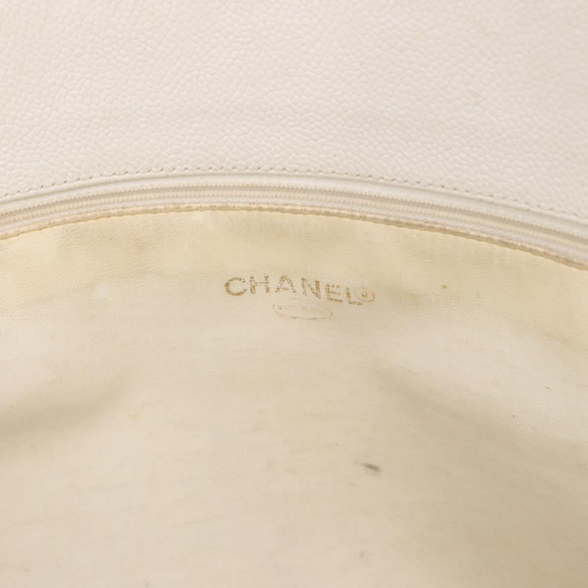 CHANEL Chain Tote Bag Caviar Skin White Gold CC Auth BA13731A