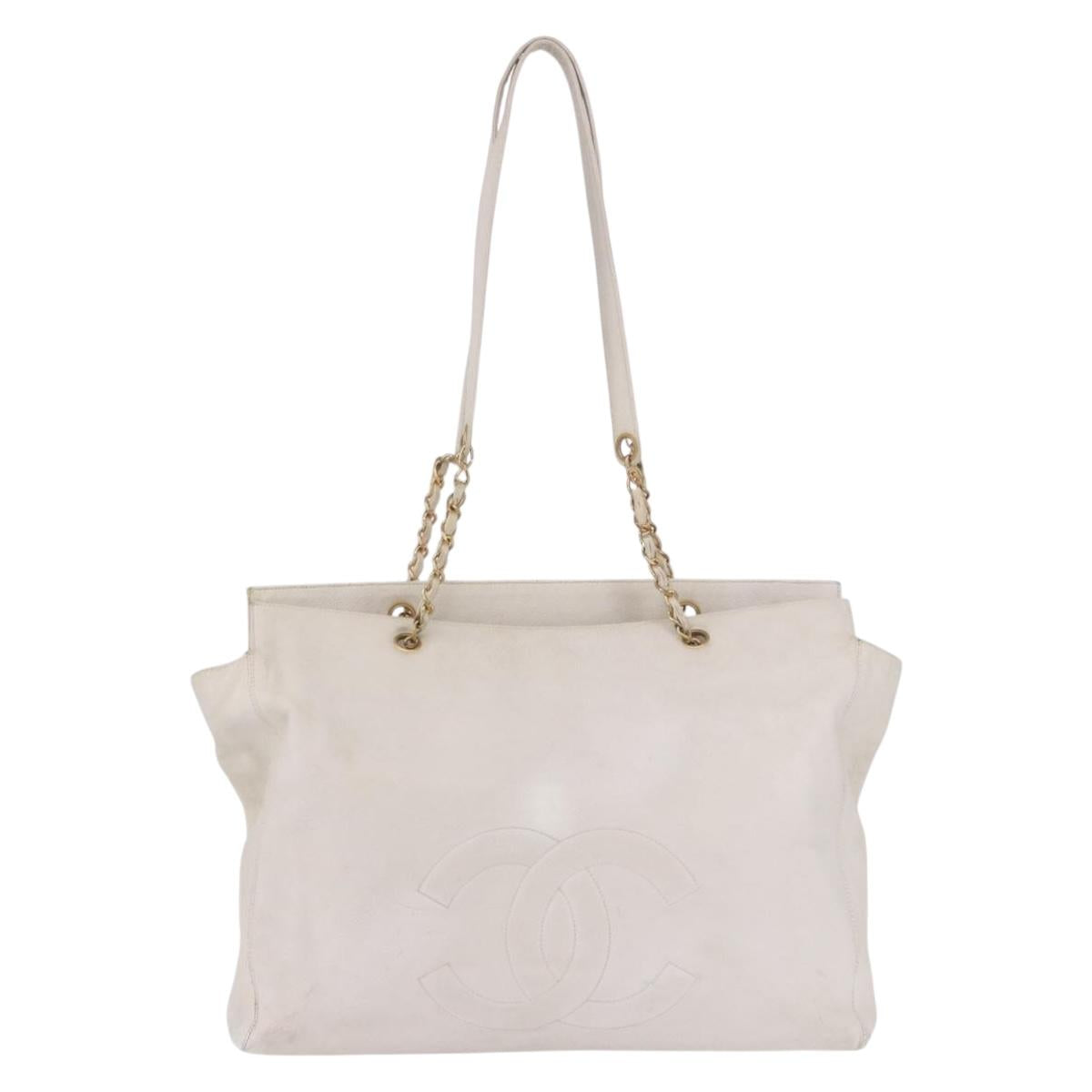 CHANEL Chain Tote Bag Caviar Skin White Gold CC Auth BA13731A