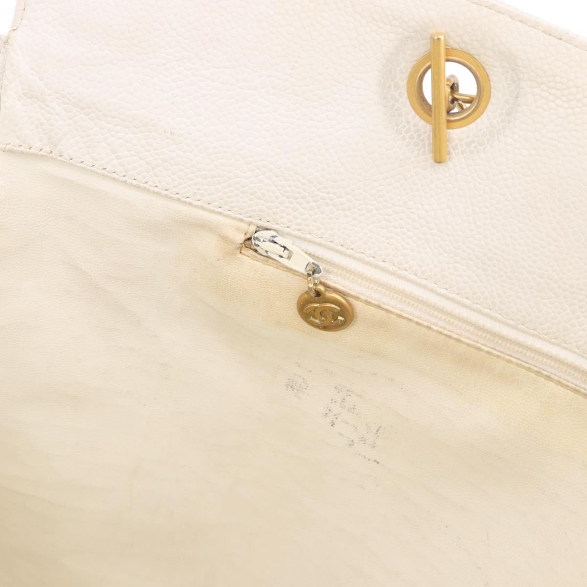 CHANEL Chain Tote Bag Caviar Skin White Gold CC Auth BA13731A