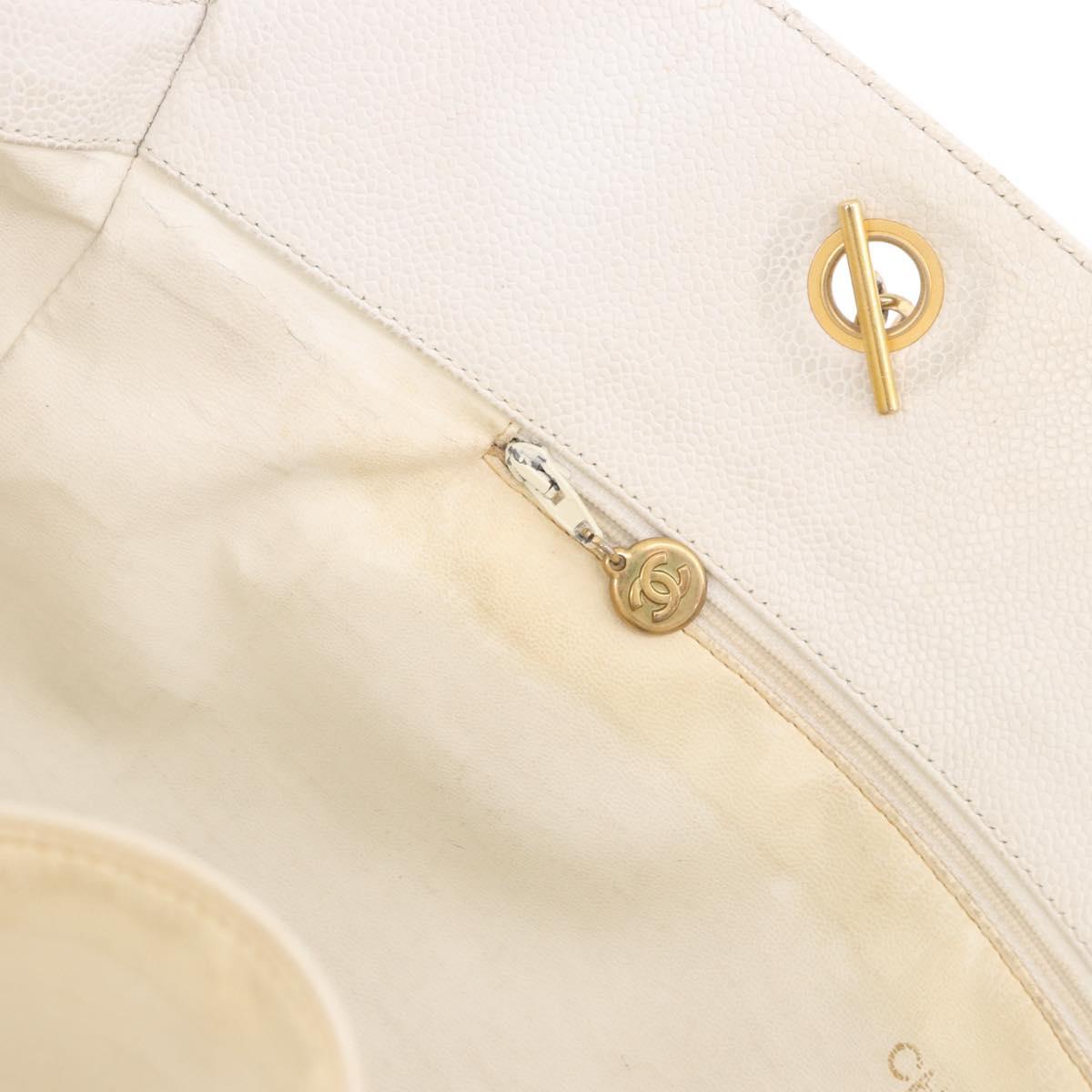 CHANEL Chain Tote Bag Caviar Skin White Gold CC Auth BA13731A