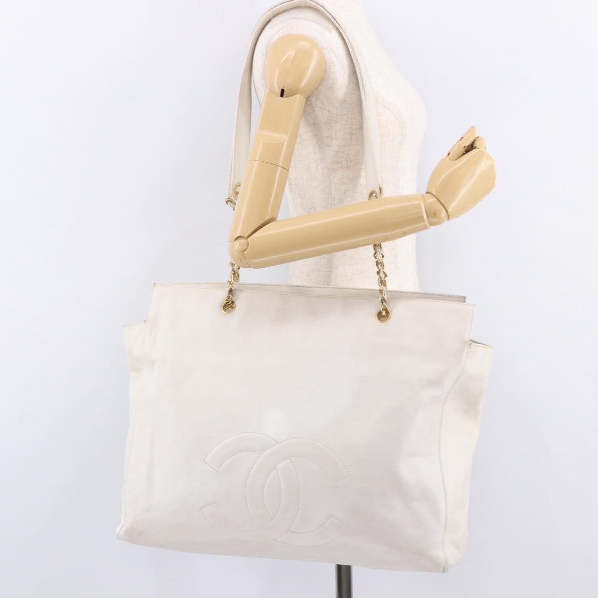 CHANEL Chain Tote Bag Caviar Skin White Gold CC Auth BA13731A