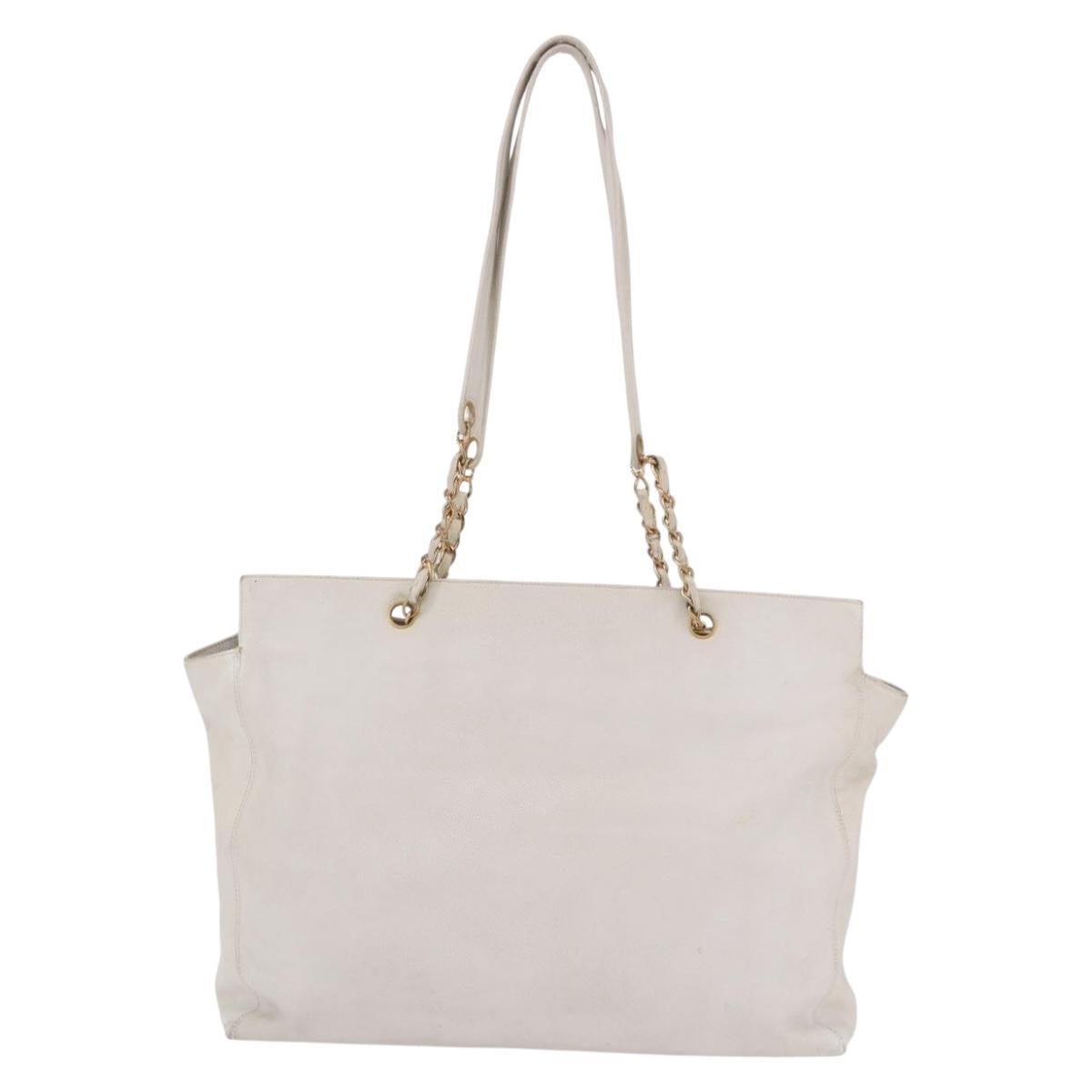 CHANEL Chain Tote Bag Caviar Skin White Gold CC Auth BA13731A