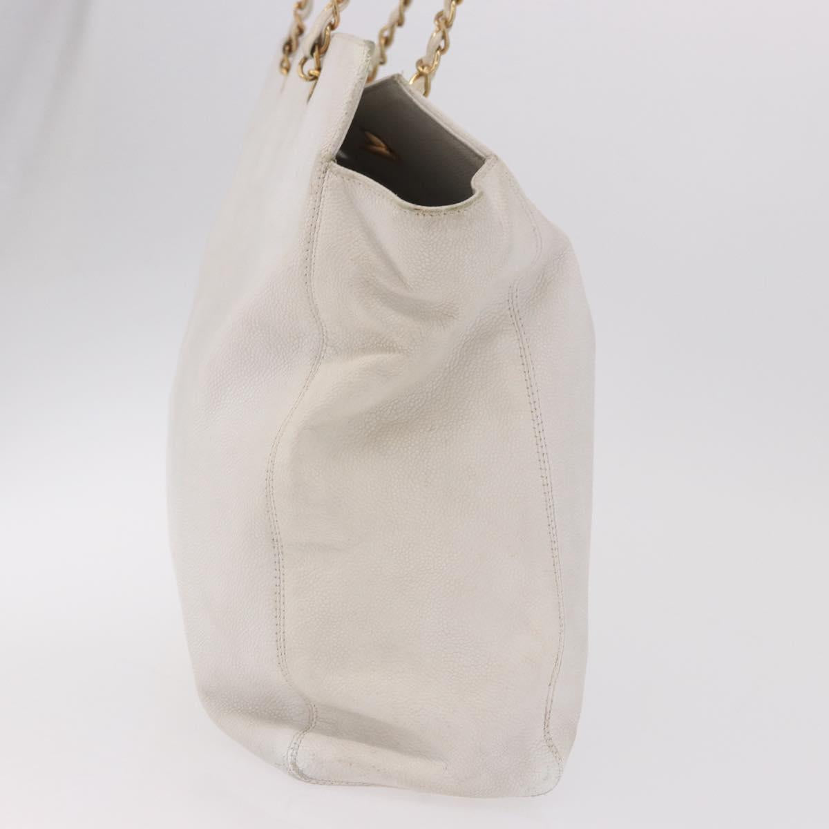 CHANEL Chain Tote Bag Caviar Skin White Gold CC Auth BA13731A
