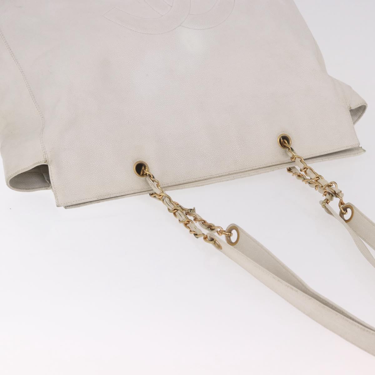 CHANEL Chain Tote Bag Caviar Skin White Gold CC Auth BA13731A