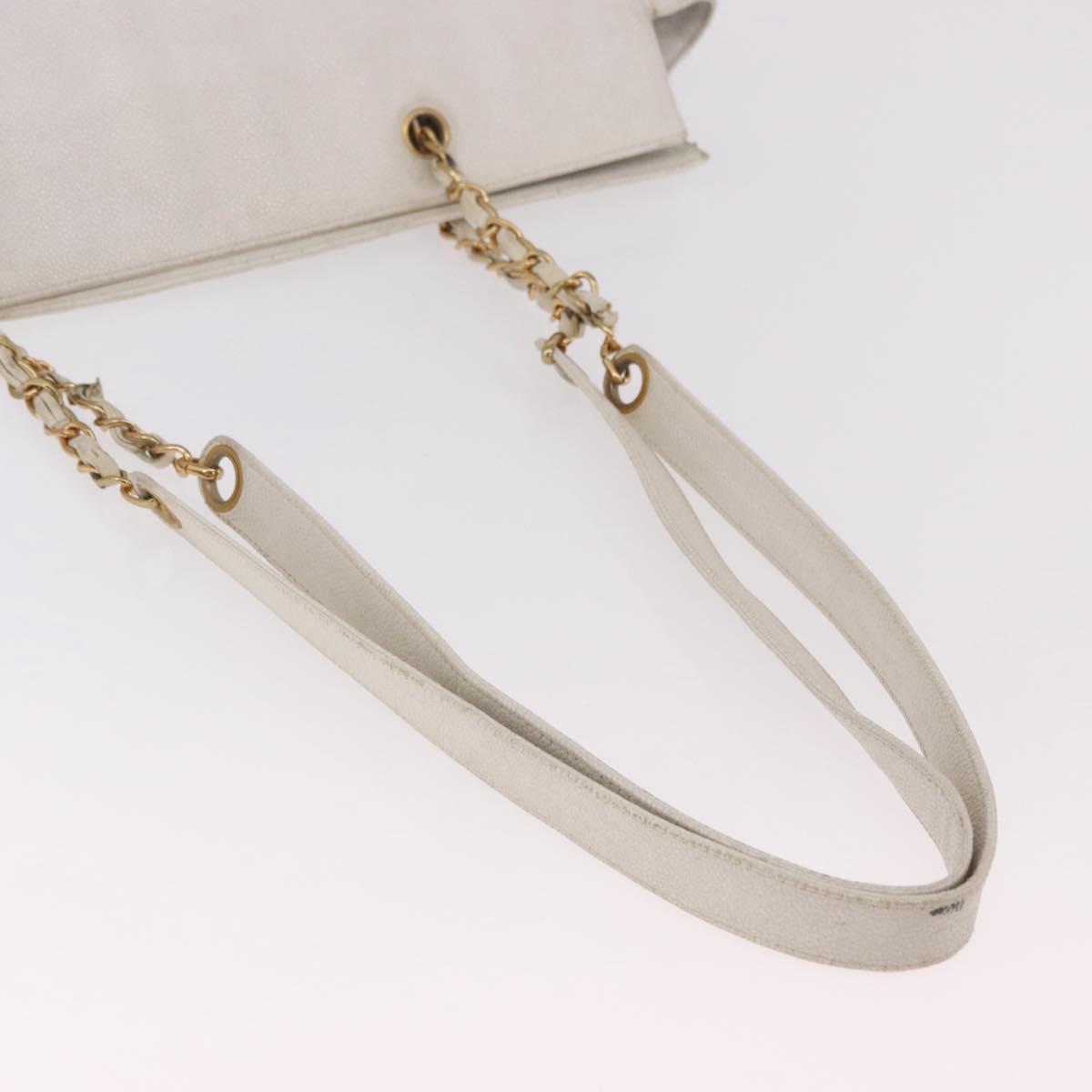 CHANEL Chain Tote Bag Caviar Skin White Gold CC Auth BA13731A