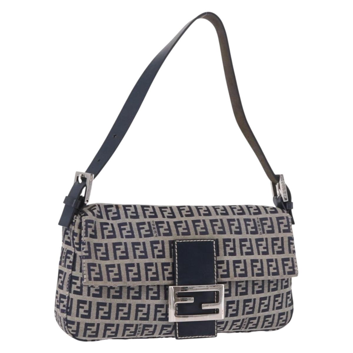 FENDI Mamma Baguette Zucchino Canvas Shoulder Bag Navy Silver Auth BA13732V