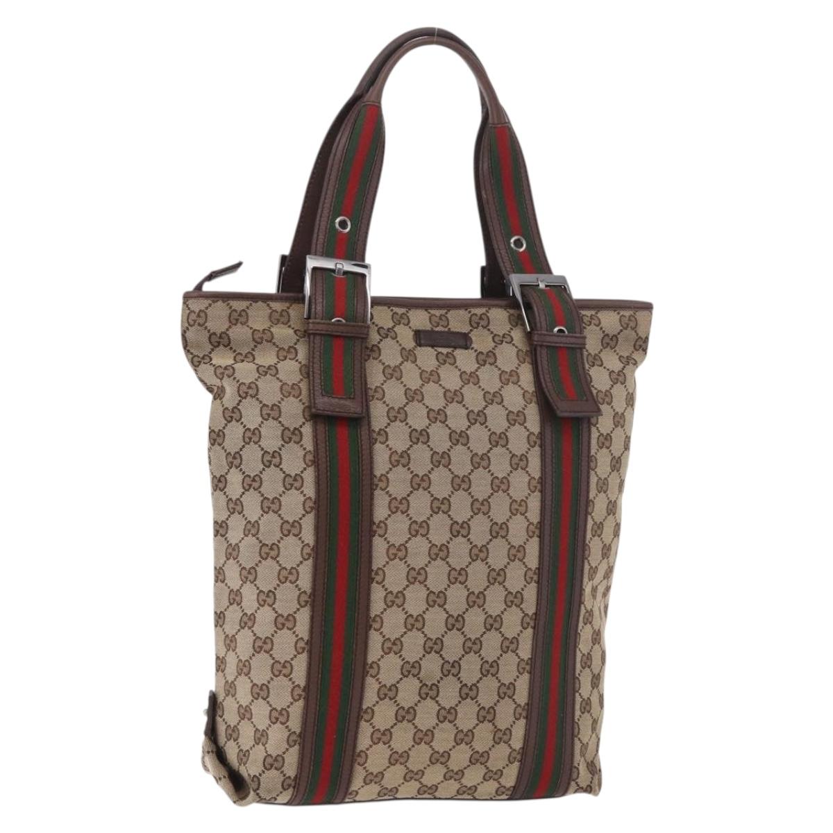 GUCCI GG Supreme Web Sherry Line Tote Bag Beige Silver 131186 Auth BA13747A
