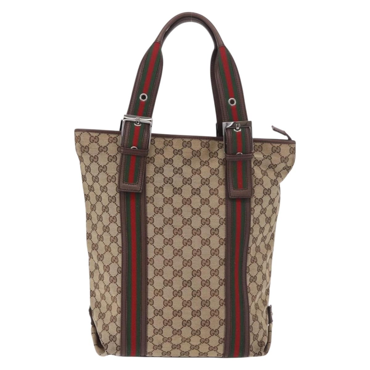 GUCCI GG Supreme Web Sherry Line Tote Bag Beige Silver 131186 Auth BA13747A