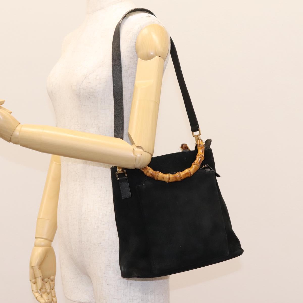 GUCCI Bamboo Hand Bag Suede 2way Black Gold 000 2265 0581 Auth BA1375