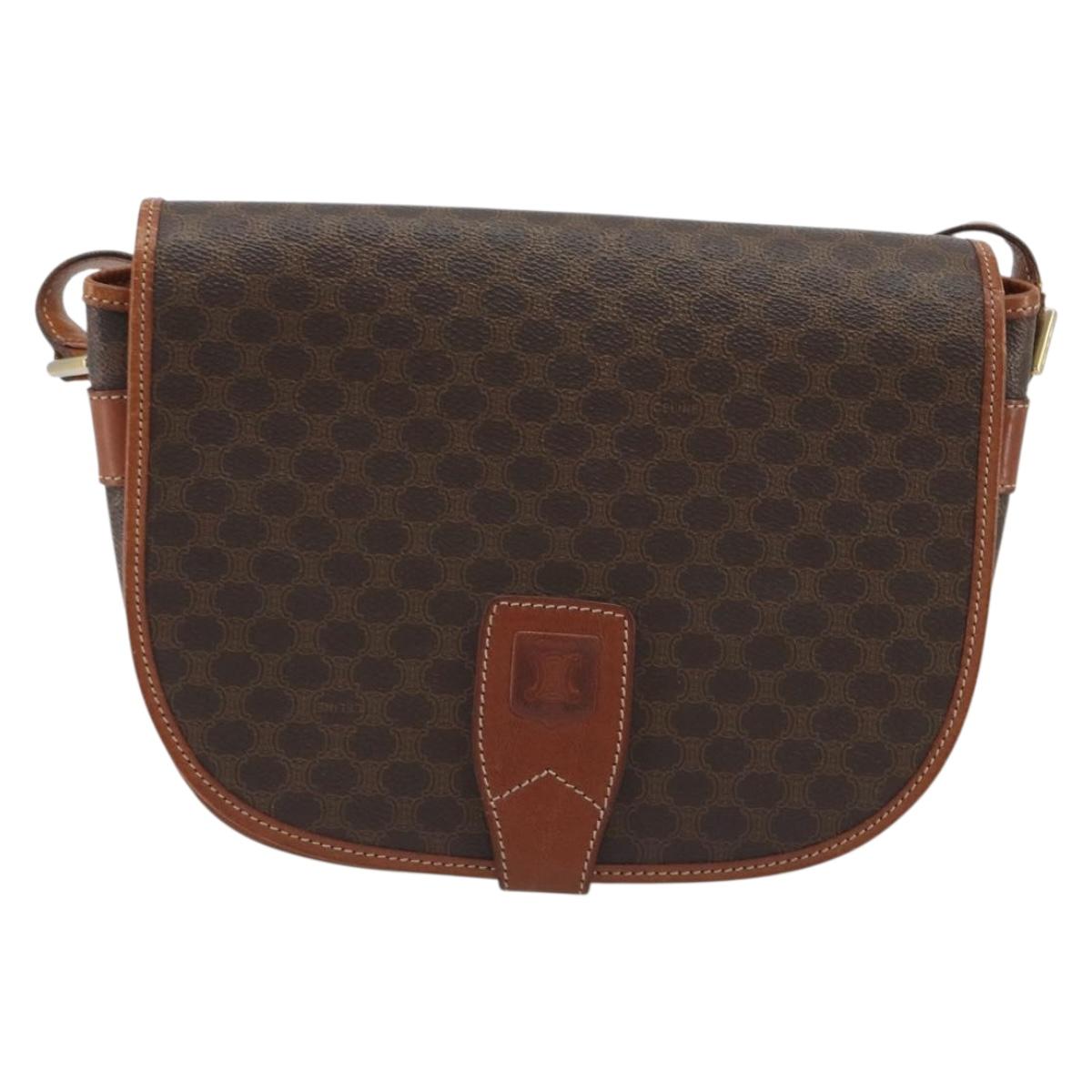 CELINE Macadam Canvas Shoulder Bag PVC Leather Brown Gold Auth BA13751