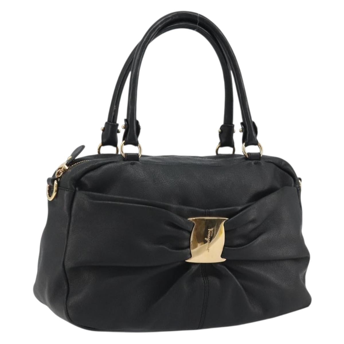 Salvatore Ferragamo Vala Hand Bag Leather Black Gold Auth BA13758