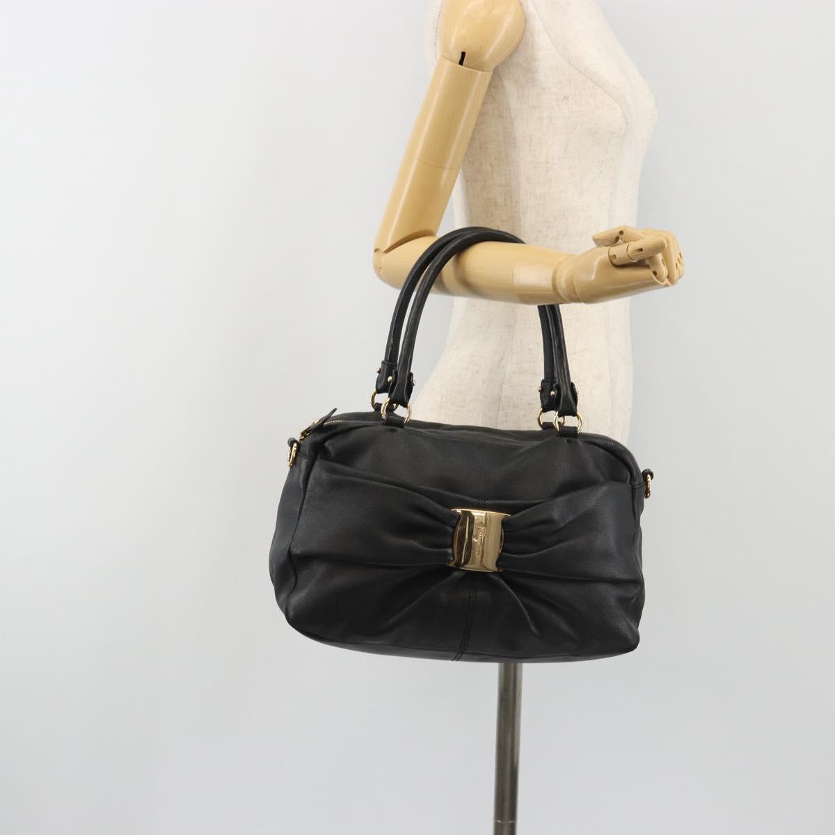 Salvatore Ferragamo Vala Hand Bag Leather Black Gold Auth BA13758