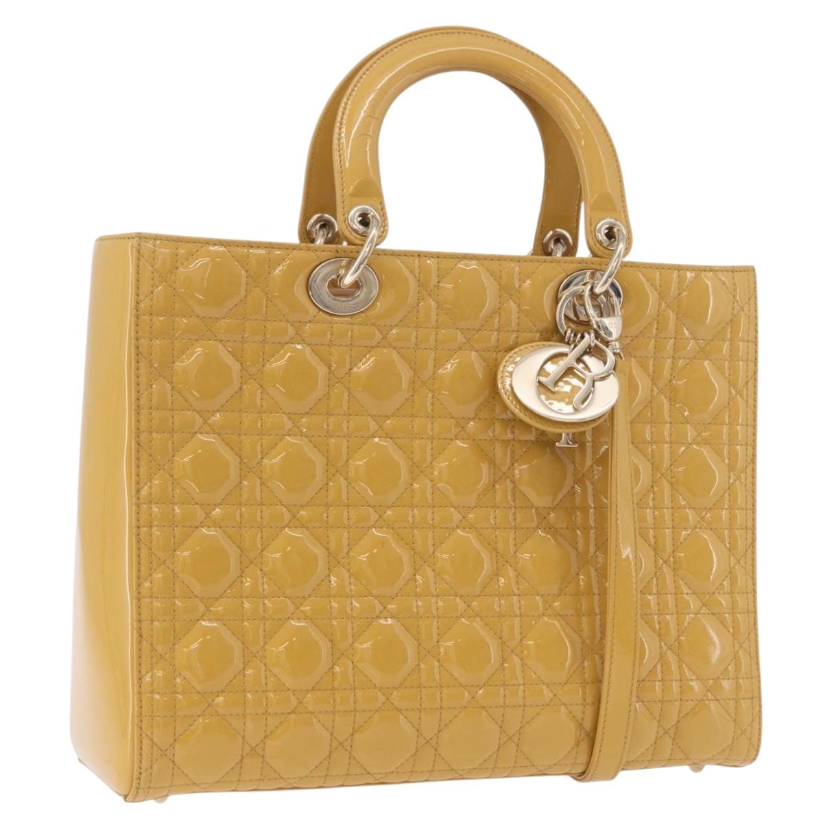 Christian Dior Lady Dior Tote Bag Patent Leather 2way Yellow Silver BA13759V