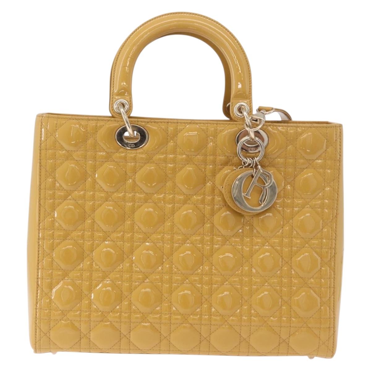 Christian Dior Lady Dior Tote Bag Patent Leather 2way Yellow Silver BA13759V