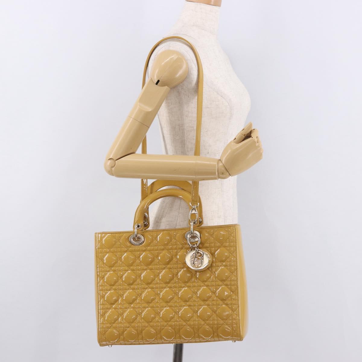 Christian Dior Lady Dior Tote Bag Patent Leather 2way Yellow Silver BA13759V