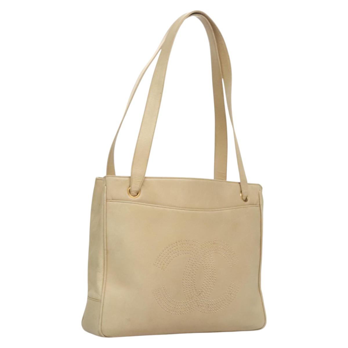 CHANEL COCO Mark Shoulder Bag Lamb Skin Beige Gold CC Auth BA1376