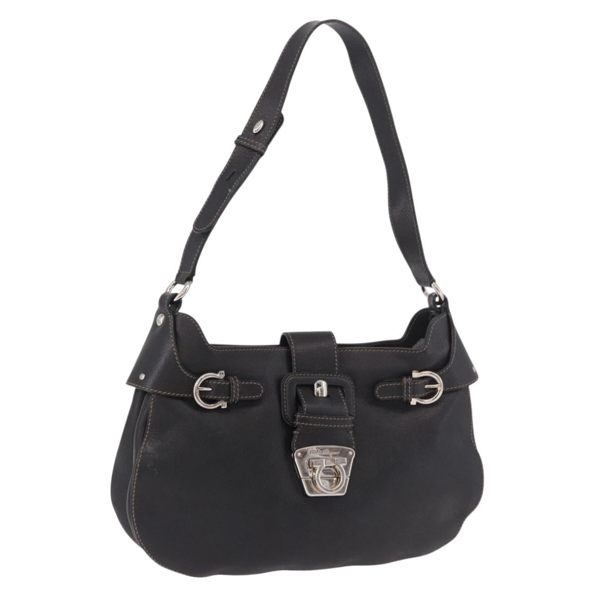 Salvatore Ferragamo Gancini Shoulder Bag Leather Black Silver Auth BA13760A