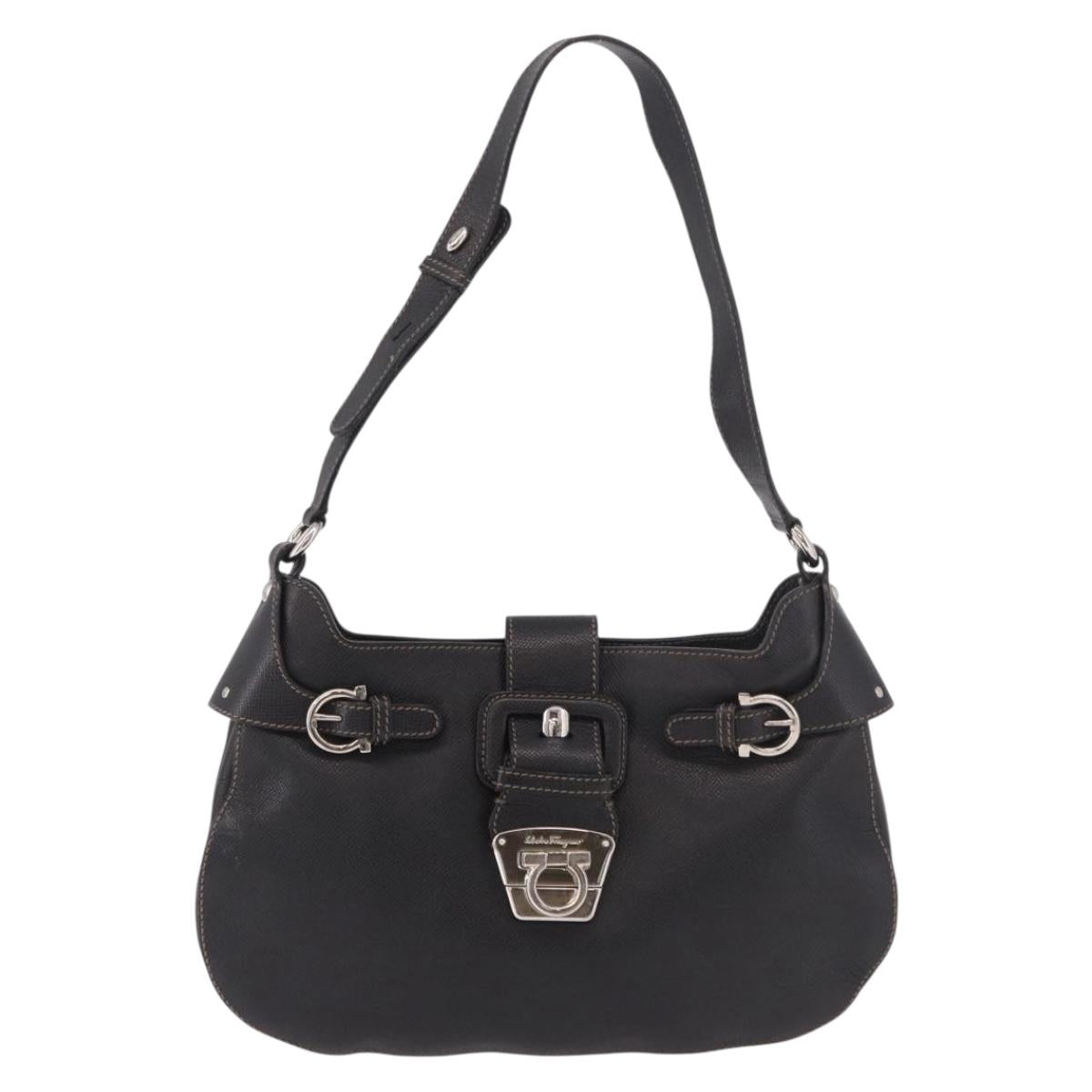 Salvatore Ferragamo Gancini Shoulder Bag Leather Black Silver Auth BA13760A