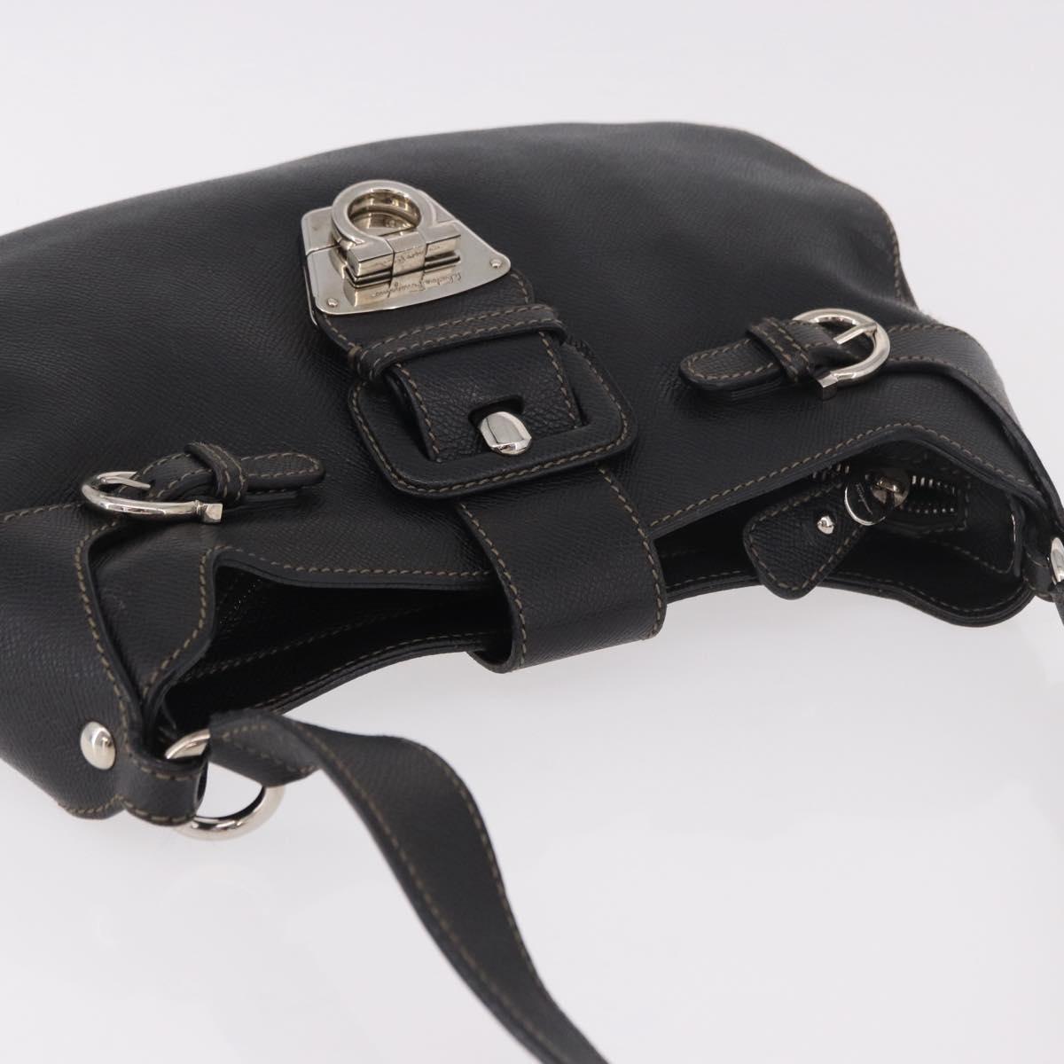Salvatore Ferragamo Gancini Shoulder Bag Leather Black Silver Auth BA13760A