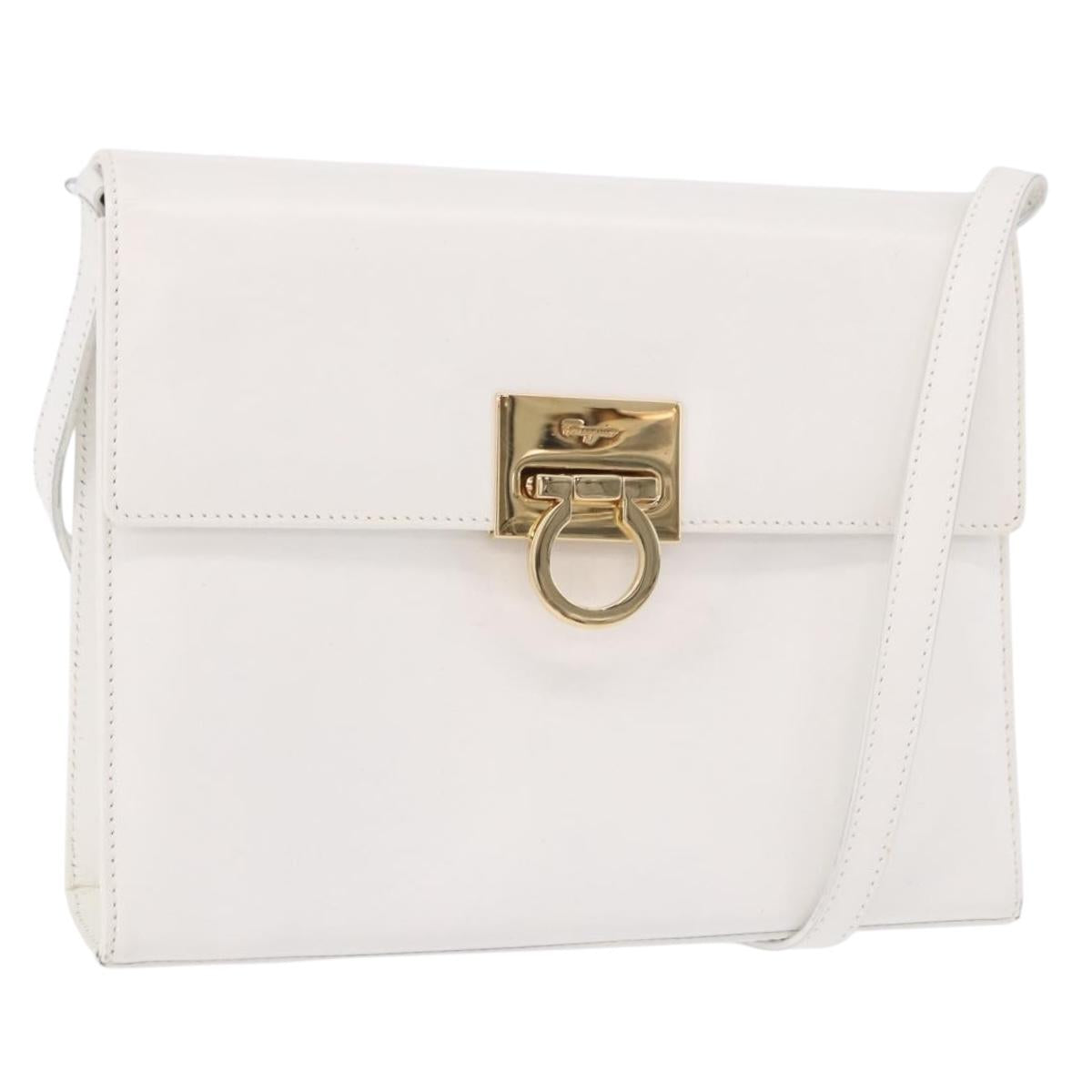 Salvatore Ferragamo Gancini Shoulder Bag Leather White Gold Auth BA13766A