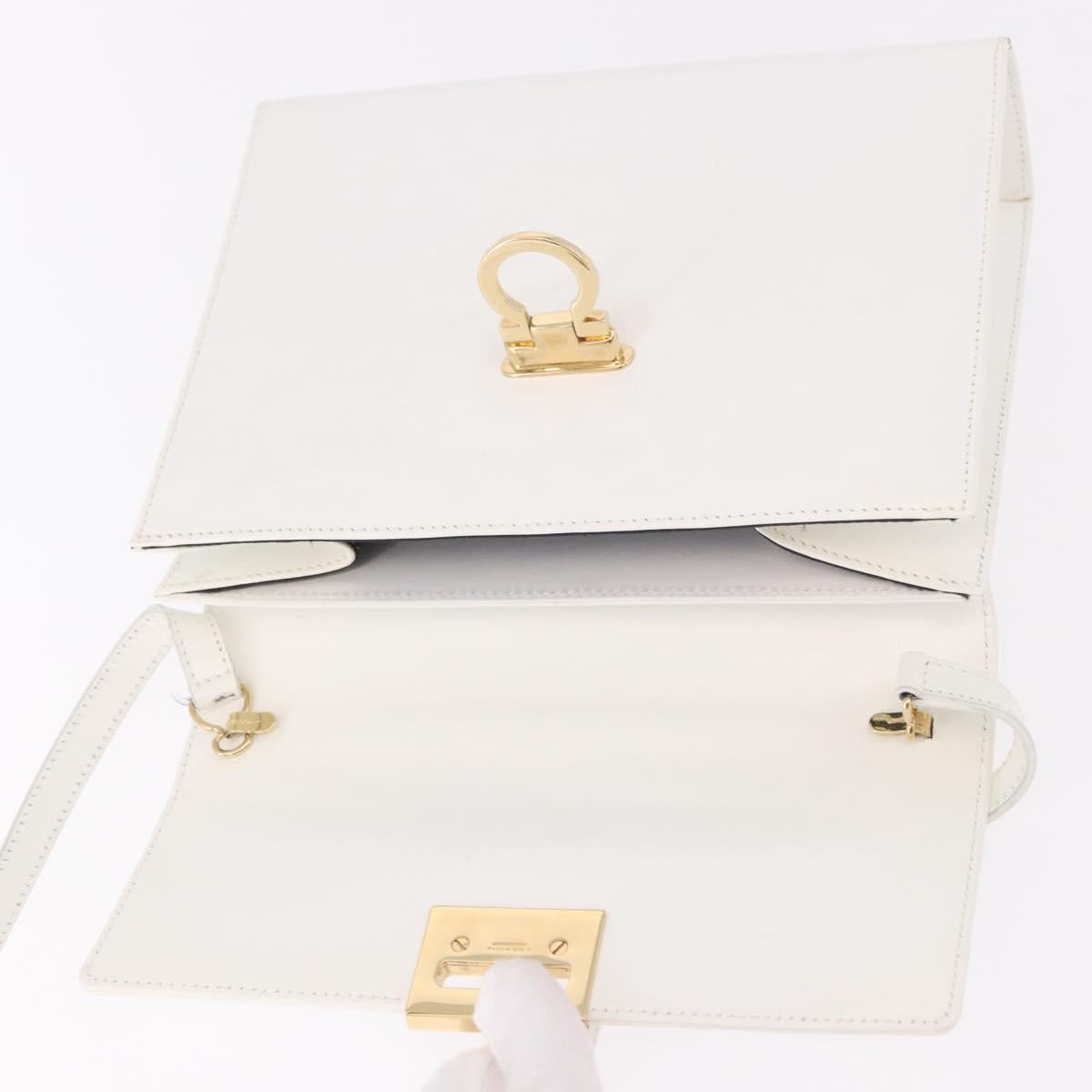 Salvatore Ferragamo Gancini Shoulder Bag Leather White Gold Auth BA13766A