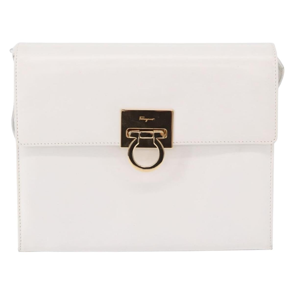 Salvatore Ferragamo Gancini Shoulder Bag Leather White Gold Auth BA13766A