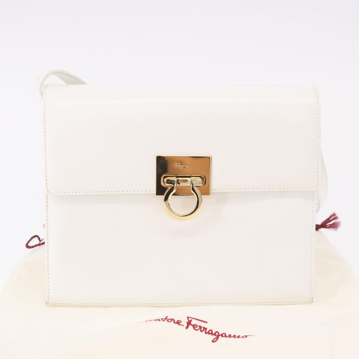 Salvatore Ferragamo Gancini Shoulder Bag Leather White Gold Auth BA13766A