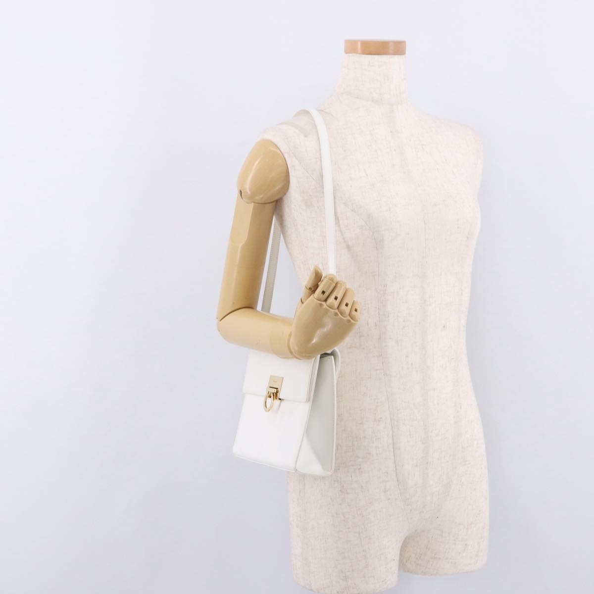 Salvatore Ferragamo Gancini Shoulder Bag Leather White Gold Auth BA13766A
