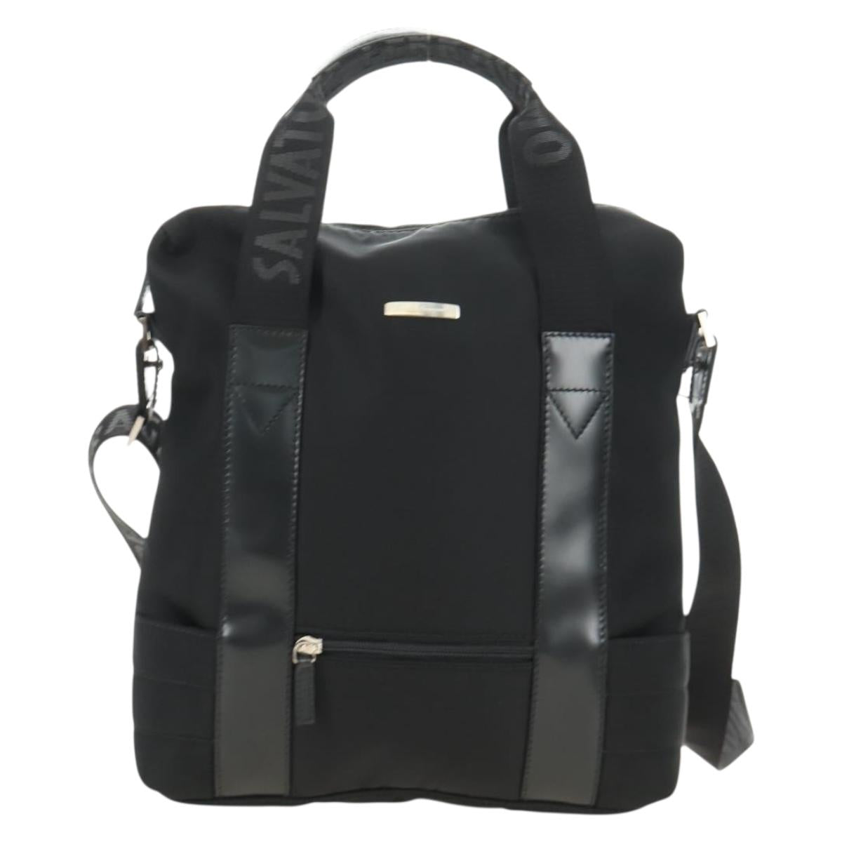 Salvatore Ferragamo Hand Bag Canvas 2way Black Silver Auth BA13771V