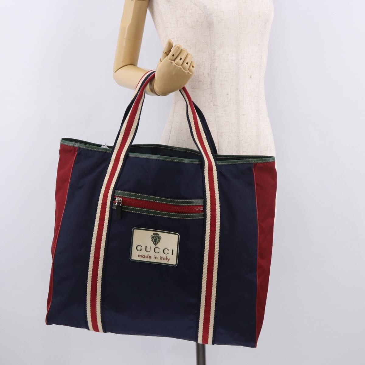 GUCCI Sherry Line Tote Bag Nylon Navy Silver 189664 Auth BA13772V